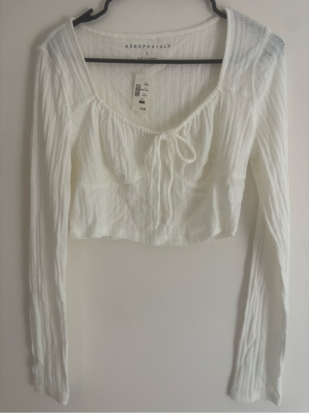 Aeropostale White Ribbed Tie-Front Long-Sleeve Crop Top